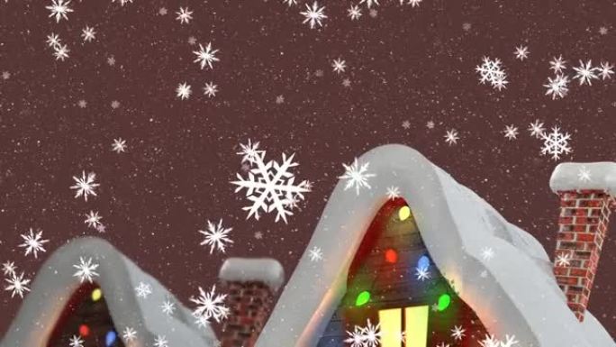 圣诞节装饰的房屋上飘着雪花的动画