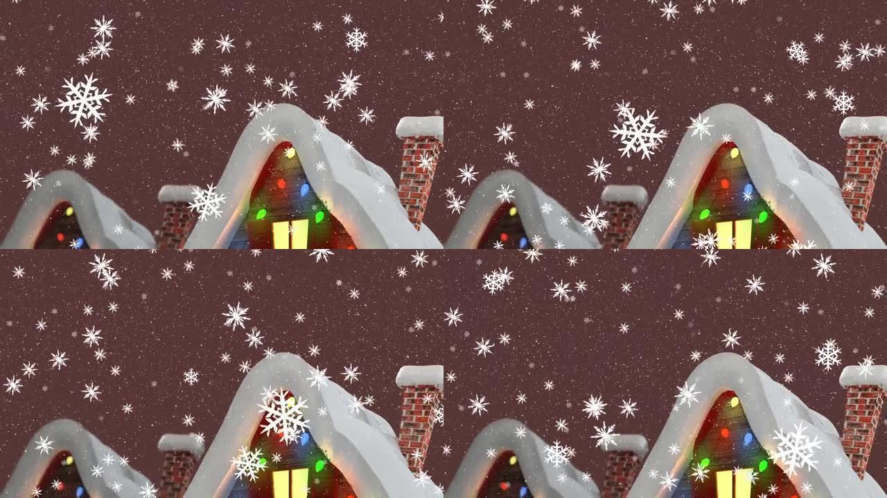 圣诞节装饰的房屋上飘着雪花的动画