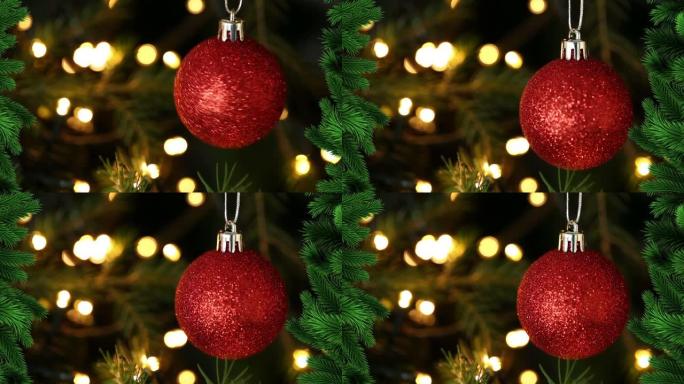 红色背景上的圣诞灯上的杉树树枝的动画