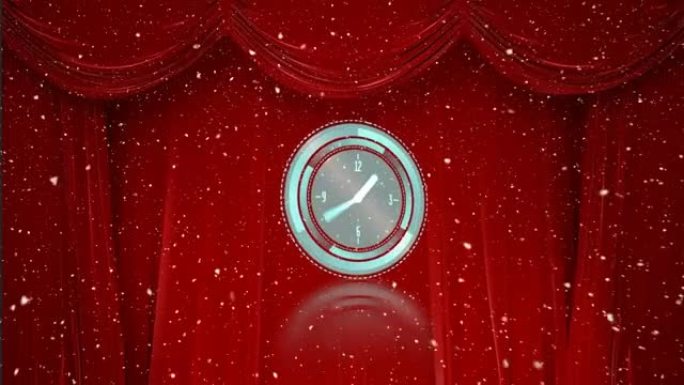 红色窗帘上的积雪和移动时钟的动画