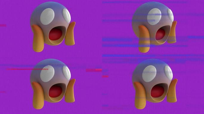 紫色和白色背景上的屏幕上的恐惧表情符号动画