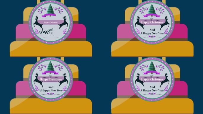 标签上的圣诞节问候动画，海军背景上的蛋糕动画