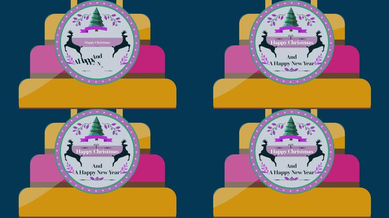 标签上的圣诞节问候动画，海军背景上的蛋糕动画