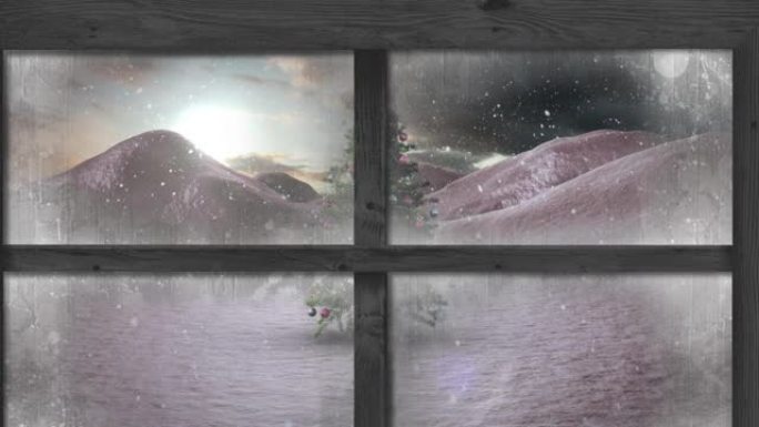 透过窗户看到的冬天风景中飘雪和圣诞树的动画