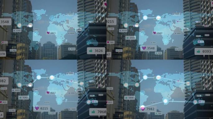 社交媒体图标和数字在城市景观上变化的连接网络动画