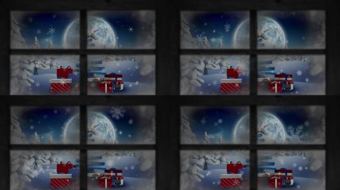 窗框抵御雪花落在圣诞树上，并在冬季景观上赠送礼物