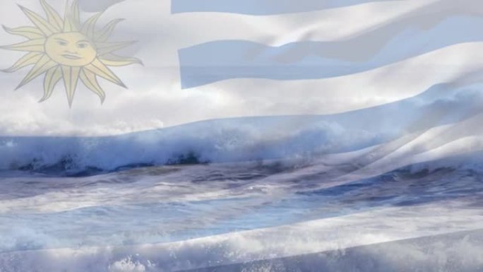 数字组成挥舞乌拉圭国旗对抗海浪在海