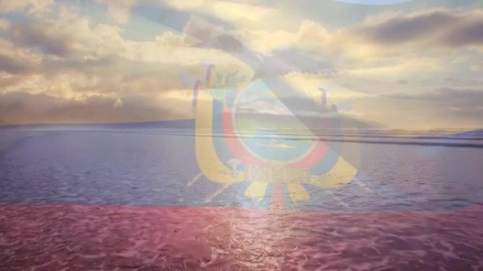 厄瓜多尔国旗的动画在海滩景观，多云的蓝天和海