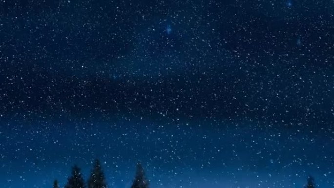 雪落在枞树和夜蓝天空上的动画