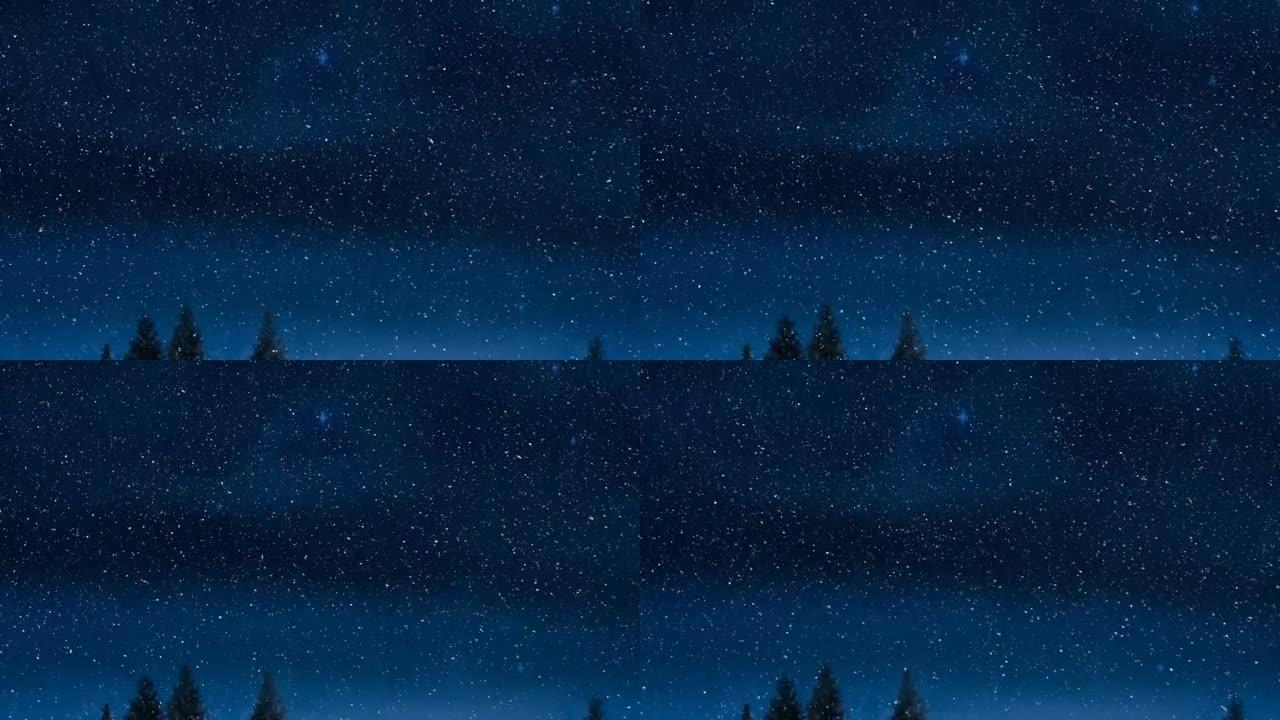 雪落在枞树和夜蓝天空上的动画
