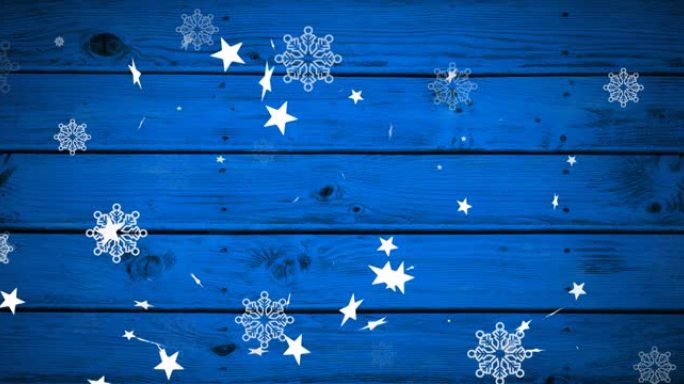 圣诞节星星的动画落在雪花的蓝色背景上