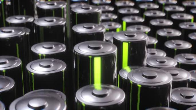 工厂里的碳电池。充满电量的电池呈绿色发光。循环动画