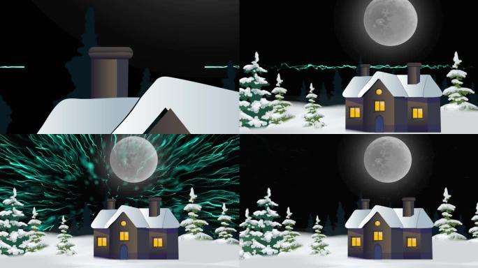 冬季风景中雪花落在杉树和房屋上的动画