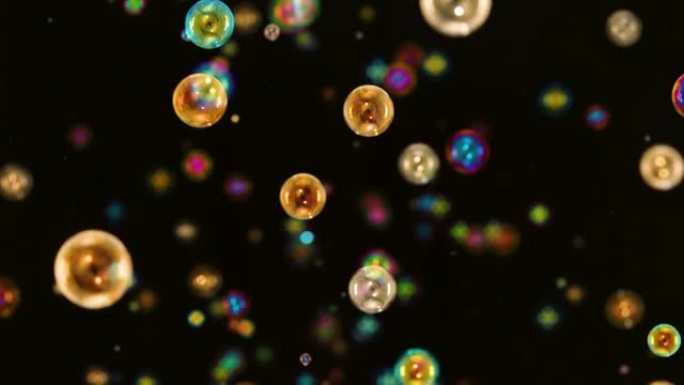 许多彩虹明亮的肥皂泡在黑色背景上飞来飞去。彩色圆形气泡以慢动作在空间中移动，并在光线中闪烁。特写