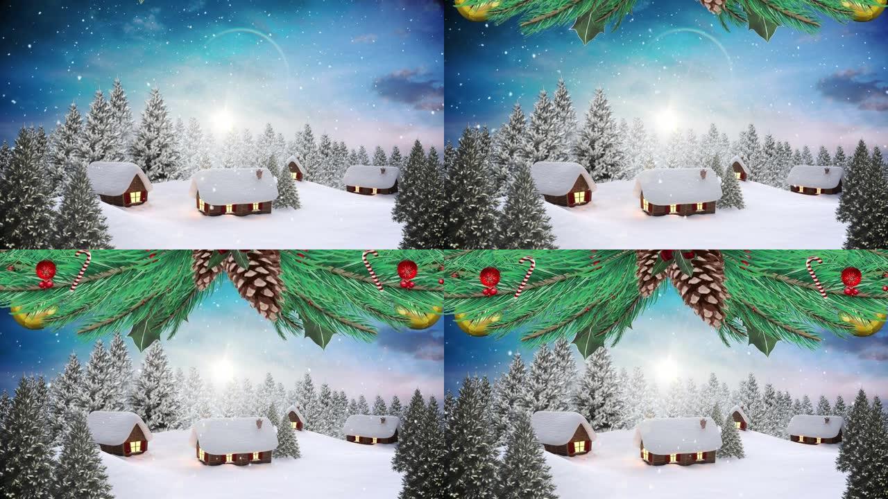 圣诞节花环装饰在冬季景观上的多棵树木和房屋上的积雪上
