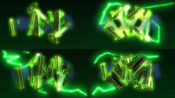 黑色背景上发光的绿色闪电闪烁浮金簇动画