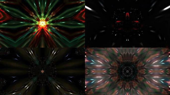 深橙色绿色抽象运动波万花筒线。4K 3D无缝循环分形形成流动魔法能量动画背景。VJ循环、舞台表演、过