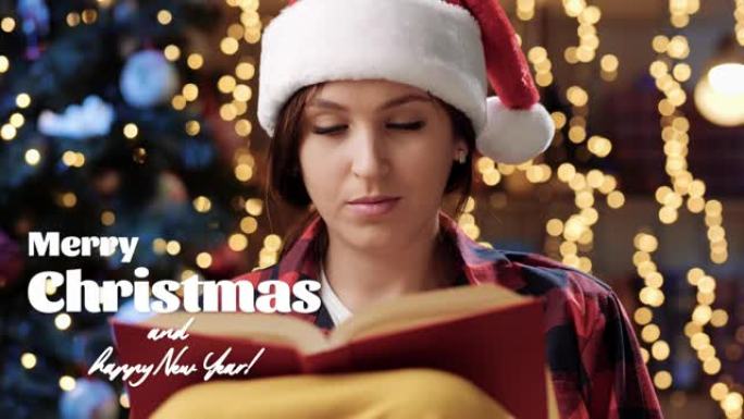 圣诞快乐，新年快乐。戴着红帽子的漂亮女人的前视图坐在扶手椅上看书，喝杯子里的东西。特写，60 fps
