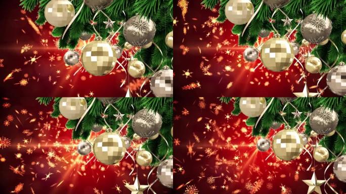 圣诞节的动画和雪花落在红色背景上，发光