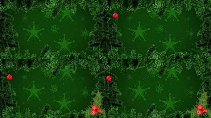 绿色背景上雪花上的圣诞杉树框架动画