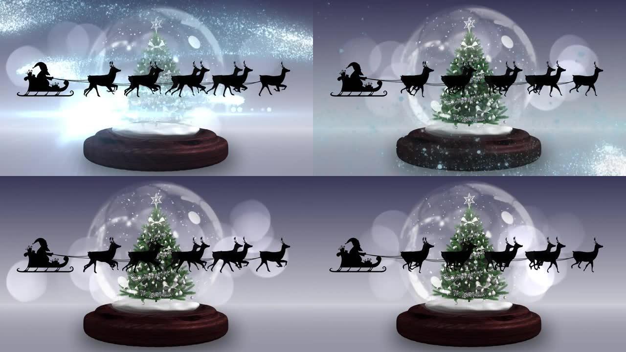 圣诞老人在雪橇上的动画与驯鹿在雪球上的灰色背景
