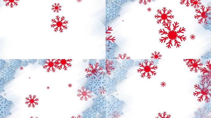 多个红色雪花图标落在蓝色雪花框架上，白色背景