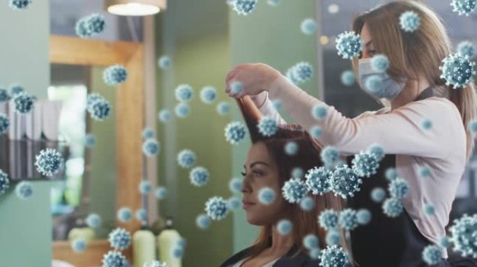 白人女性美发师和戴口罩的妇女身上的冠状病毒细胞动画