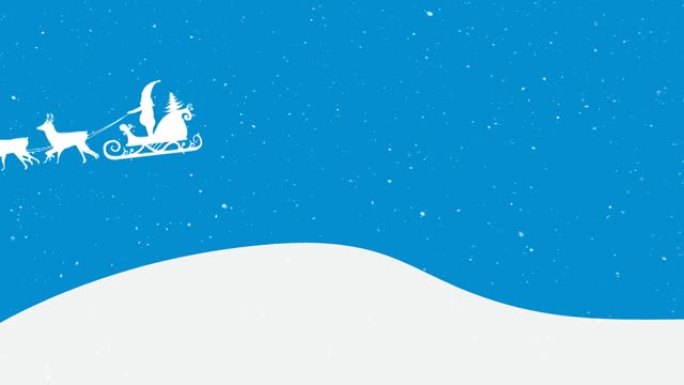 雪落在雪橇上的圣诞老人身上的动画，驯鹿在蓝色和白色上