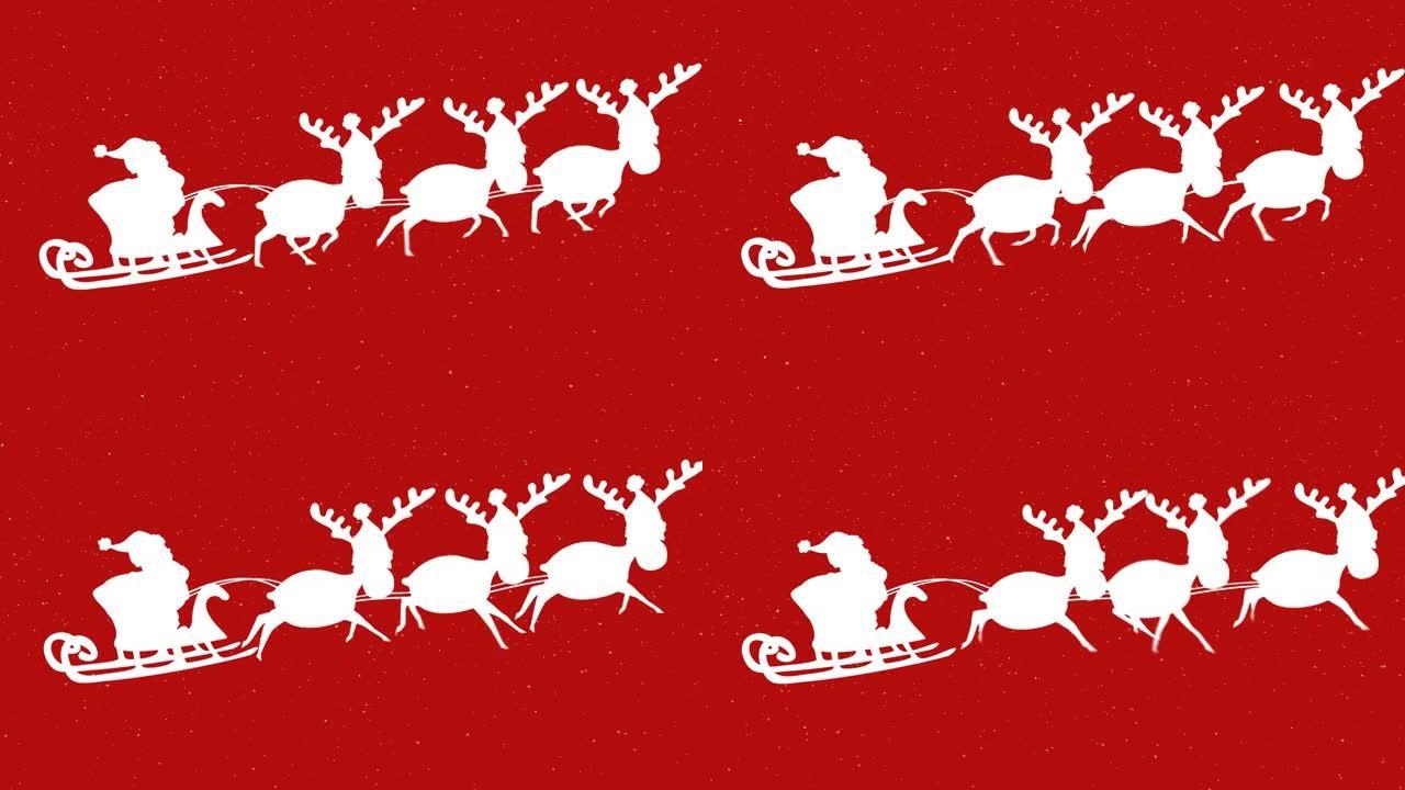 雪落在雪橇上的圣诞老人上，被驯鹿拉着红色背景