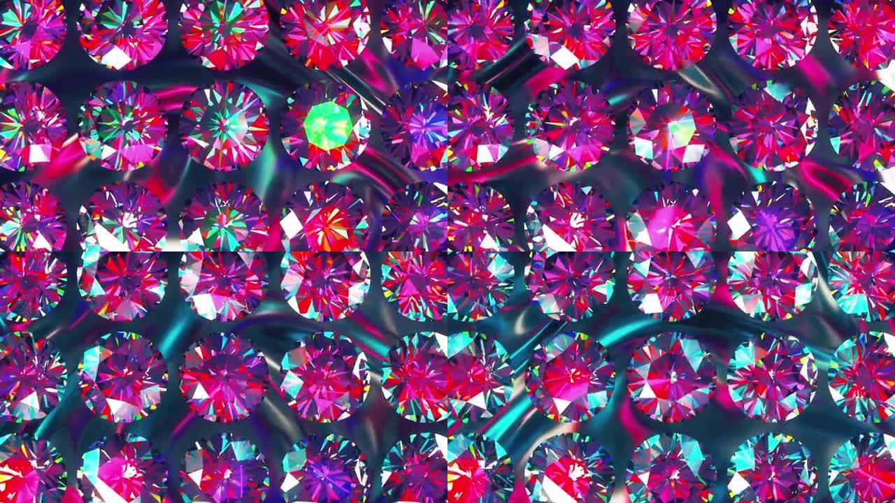 闪闪发光的彩虹色钻石的花式圆形切割风格，缓慢旋转。计算机生成的3d渲染。美丽的背景