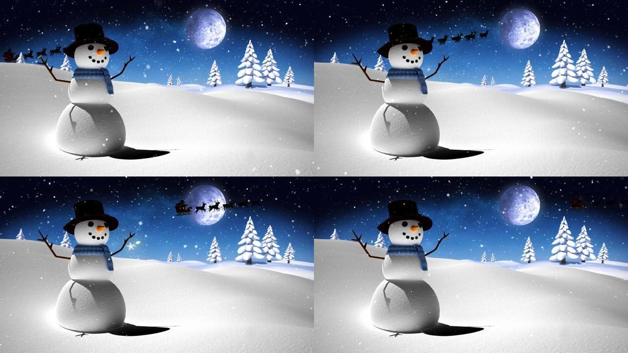 圣诞老人在雪橇上的动画，驯鹿在雪人，雪花和月亮上