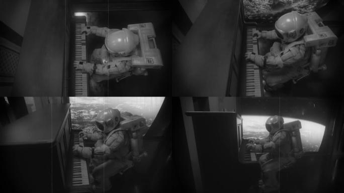 穿着宇航服的阿斯特兰在俯瞰地球的宇宙飞船上弹钢琴。空间和音乐概念。旧电影效果。黑白相间。3d动画