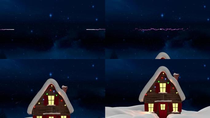 紫色的小径在冬季景观上冲破房屋，抵御着闪亮的蓝色星星