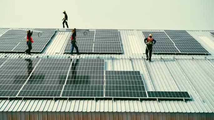 工人安装太阳能电池板的时间流逝。