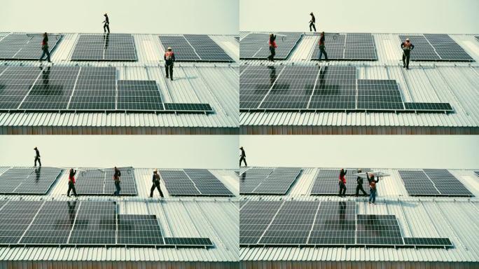 工人安装太阳能电池板的时间流逝。