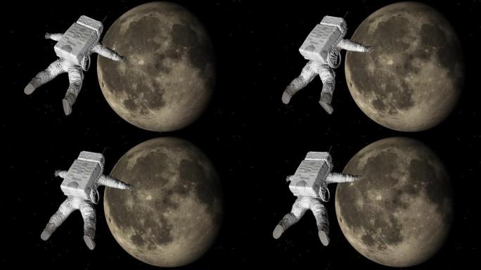 宇航员在太空中绕月球飞行。太空行走。无缝循环。
