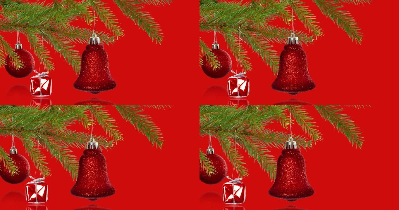 红色背景上的圣诞树装饰动画