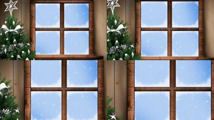雪花落在蓝色背景下的圣诞树和木制窗框