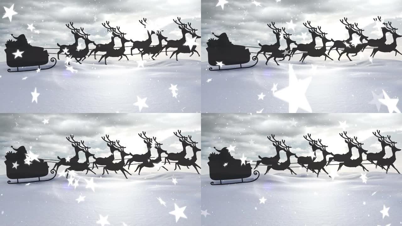 冬季风景下的雪花，星星，雪橇和雨鹿的动画