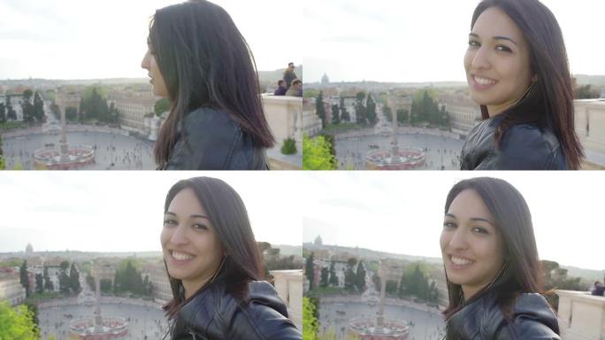 罗马快乐的年轻旅游女人: 波波洛广场