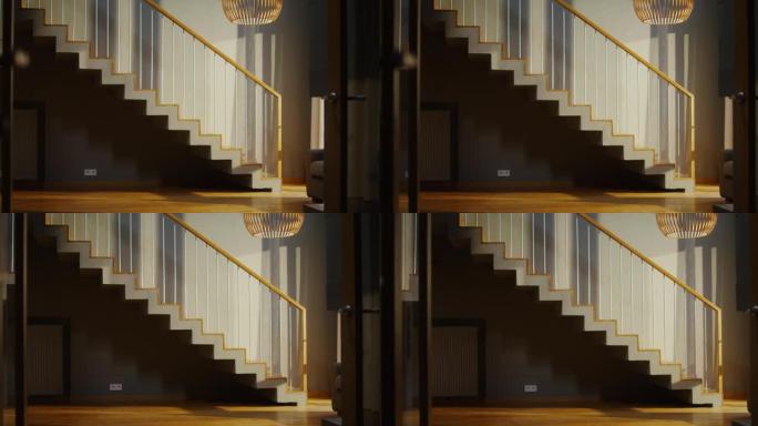 现代时尚房屋的内部，通往二楼的楼梯
