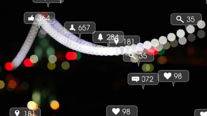 社交媒体图标和数字的动画在focus bokeh灯上