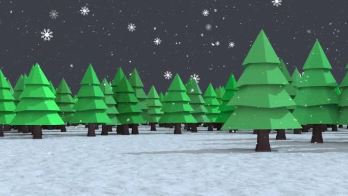 雪落在森林绿树上的动画