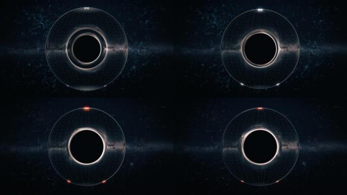 两个合并黑洞与HUD接口。深空中具有全息图元素的蠕虫孔事件视界。宇宙中具有星系背景的未来派黑洞。电影