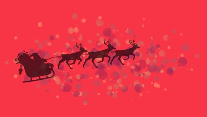 红色背景上的驯鹿拉着雪橇上的圣诞老人身上的紫色斑点