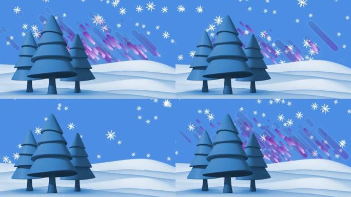 数字冬季景观中的紫色形状和积雪的动画