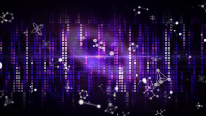 紫色圆圈和正方形背景上旋转分子的动画