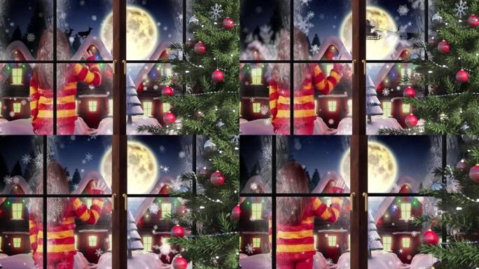 冬季风景中的圣诞树动画，女孩挥舞着圣诞老人