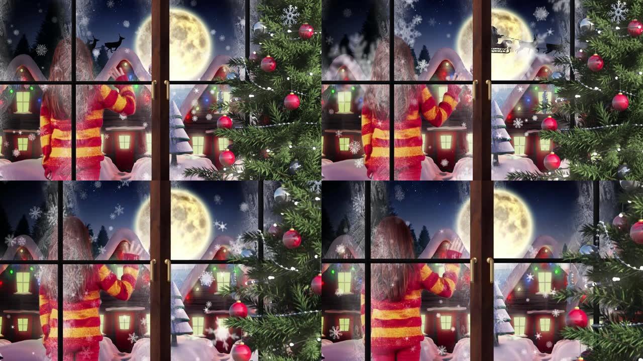 冬季风景中的圣诞树动画，女孩挥舞着圣诞老人
