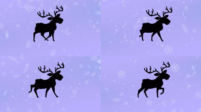 驯鹿在紫色背景下飘落的雪花上行走的黑色剪影